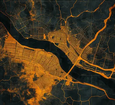 Стилизованная карта города с оранжевыми улицами и рекой