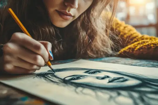 Девушка рисует карандашом портрет на бумаге