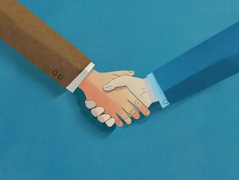 Иллюстрация рукопожатия двух мужчин в деловых костюмах