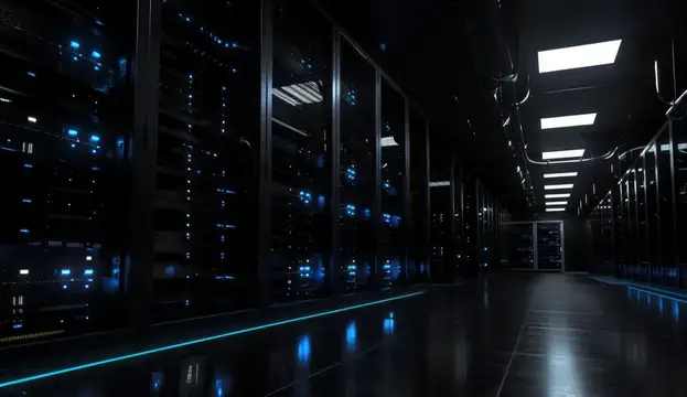 Современный центр обработки данных с рядами серверных стоек с синими огнями на темном фоне, излучающий футуристическую атмосферу