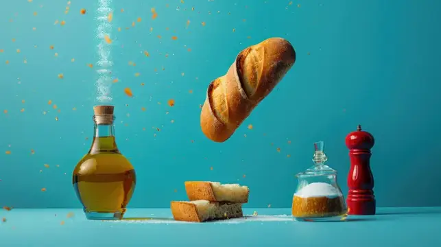 Художественная композиция с парящей буханкой хлеба, бутылкой оливкового масла и приправами на ярком бирюзовом фоне, подчеркивающая кулинарное творчество и процесс приготовления пищи