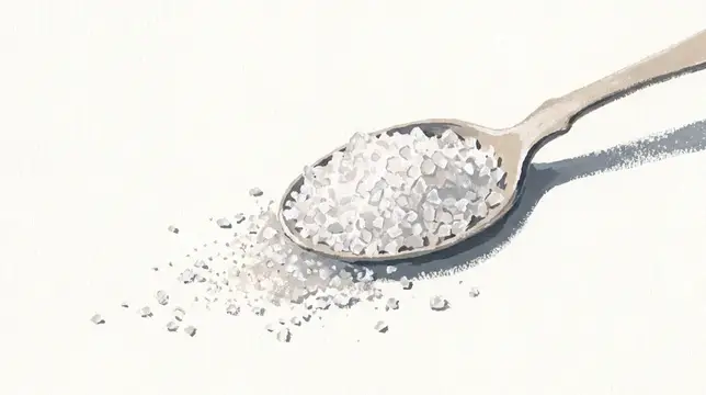Редакционный натюрморт, написанный от руки: ложка крупной морской соли на шероховатой бумаге с зернистыми пигментными краями и свободным пространством для сезонного дизайна