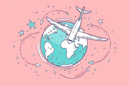 Иллюстрация самолёта над планетой Земля на розовом фоне