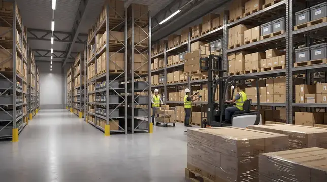 Работники на погрузчике среди стеллажей с коробками на складе