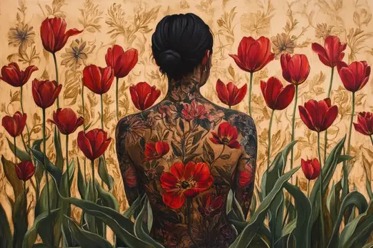 Иллюстрация с татуированной спиной женщины среди красных тюльпанов