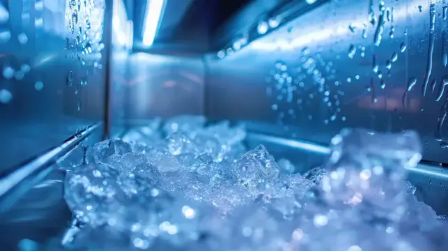 Кубики льда и капли воды на стенках холодильной камеры