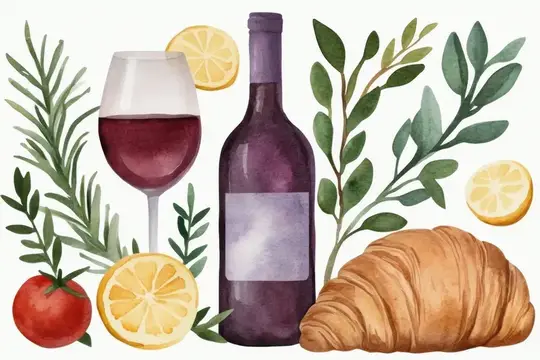 Акварельная композиция с бокалом вина, бутылкой, круассаном и лимоном