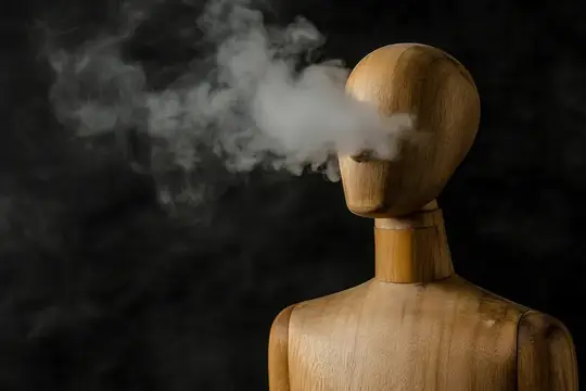 Деревянный манекен с клубами дыма из головы на тёмном фоне