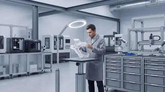 Мужчина в халате рассматривает пластиковую деталь в лаборатории с 3D-принтерами