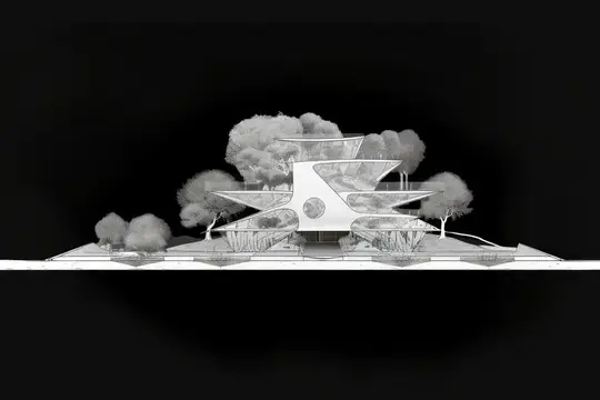 Архитектурный 3D-рендер футуристического дома с террасами среди деревьев