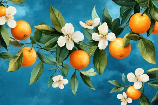 Красивые оранжевые фрукты и нежные белые цветы на сочных зеленых листьях на потрясающем бирюзовом фоне