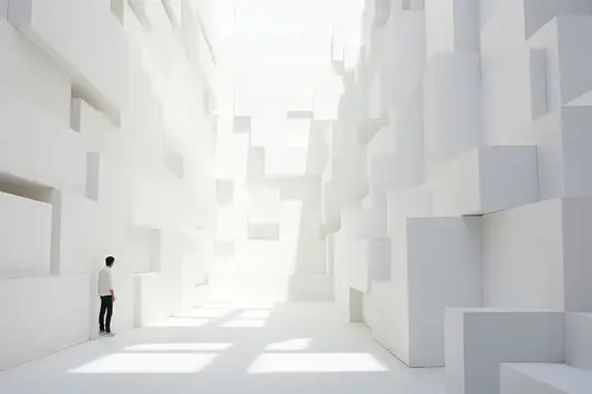 3D-рендер с человеком в белом лабиринте из кубов