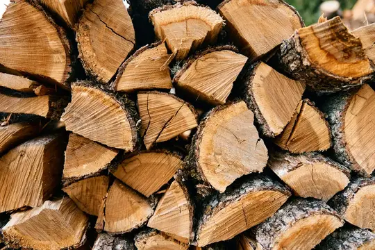 Деревенская поленница, расположенная среди пышной зелени, создает безмятежный природный фон