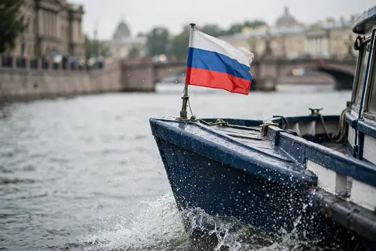 Нос катера с российским флагом рассекает воду на фоне набережной