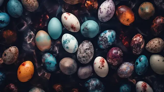 Разноцветные пасхальные яйца на тёмном фоне