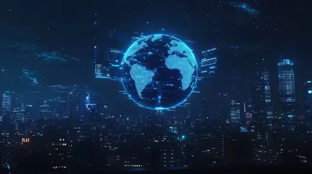 Футуристический ночной город с цифровым глобусом в небе