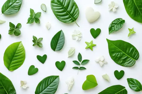 Зелёные листья и сердечки на белом фоне