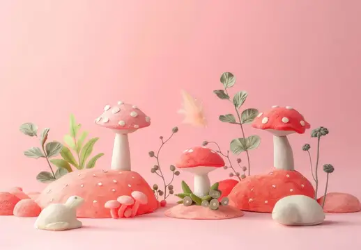 3D-рендер сказочных красных мухоморов и белых зверьков на розовом фоне