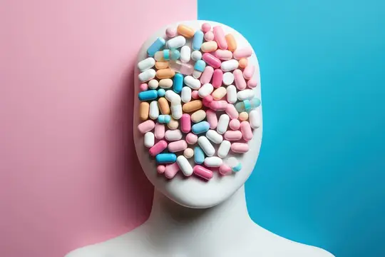 3D-рендер головы манекена с лицом из разноцветных таблеток