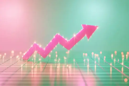 3D-рендер розовой стрелки роста над сеткой с огнями