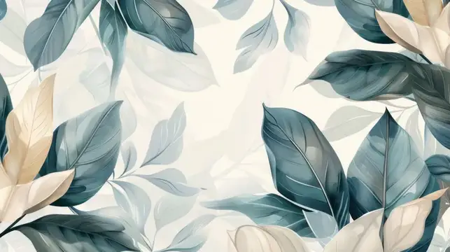 Иллюстрация с нежными сине-зелёными и бежевыми листьями на светлом фоне