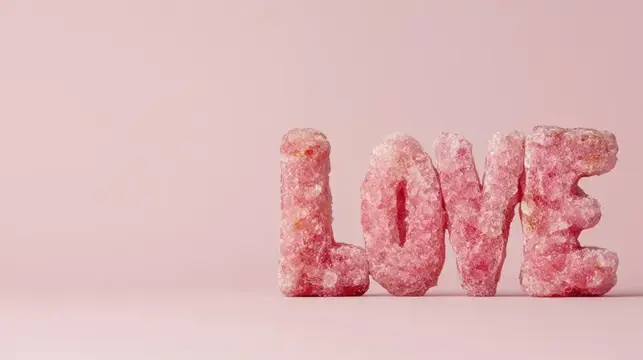 Розовые кристаллические буквы LOVE на нежном пастельном фоне
