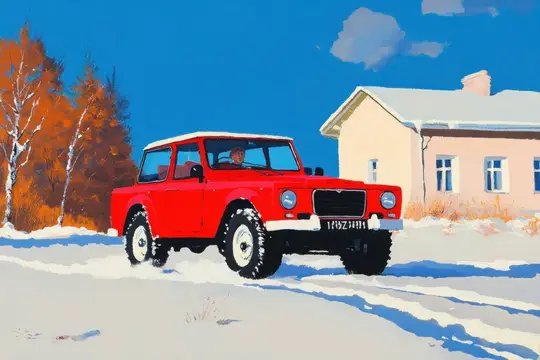 Иллюстрация: красный внедорожник едет по зимней дороге мимо дома