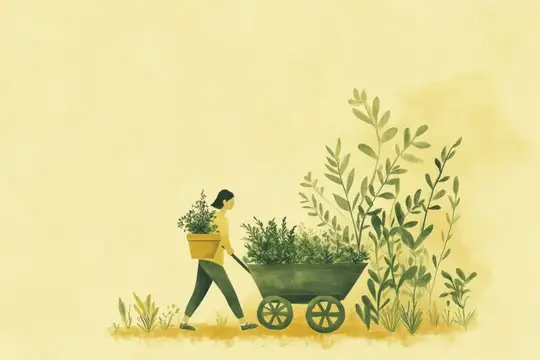 Иллюстрация с женщиной, везущей тачку с зеленью