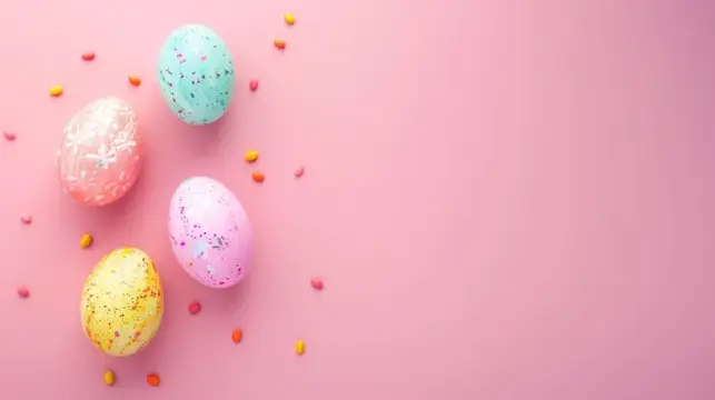 Концепция: Разноцветные пасхальные яйца и посыпка на розовом фоне с местом для текста, праздничная концепция