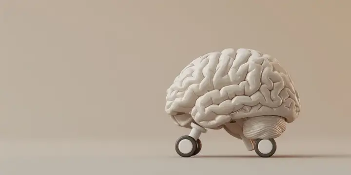 3D-рендер мозга на колесиках на бежевом фоне