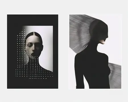 Черно-белый коллаж с женскими портретами и точечным узором