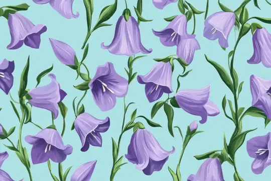 Иллюстрация с нежными фиолетовыми колокольчиками на голубом фоне