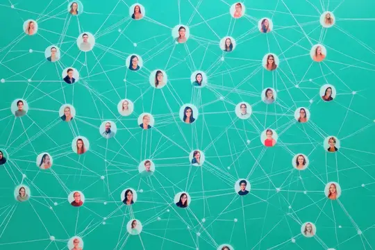 Динамичная иллюстрация сети, демонстрирующая разноплановых профессионалов, работающих в коллаборативном пространстве, на фоне ярко-бирюзового фона, подчеркивающего связь и командную работу