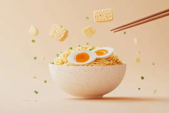 3D-рендер с лапшой, яйцом и парящими кусочками тофу в миске
