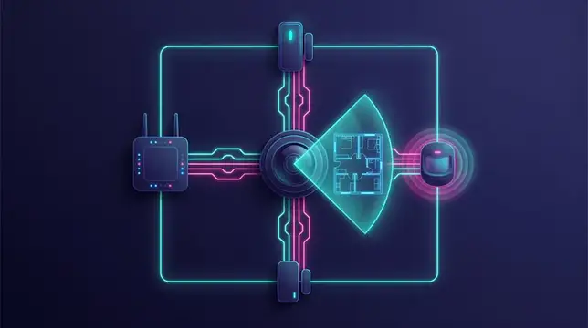 Футуристическая схема сети с неоновыми элементами и светящимся конусом