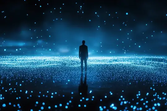 Силуэт мужчины среди светящихся синих огней
