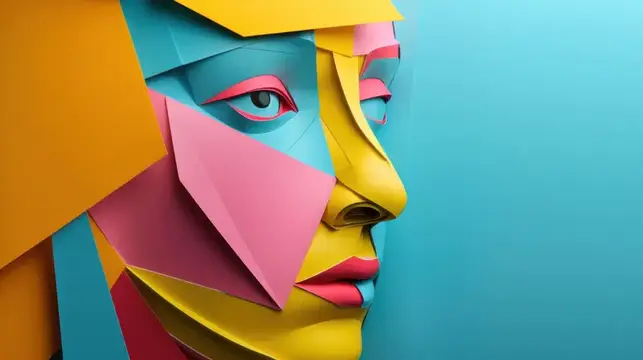 3D-рендер абстрактного лица из цветных бумажных граней