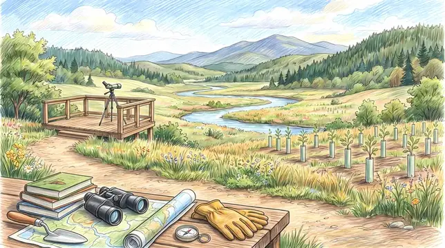 Иллюстрация смотровой площадки с телескопом над речной долиной и саженцами