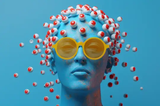 3D-рендер синей головы в желтых очках с парящими глазными яблоками