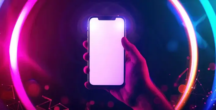 Рука держит смартфон с пустым экраном в неоновом свете
