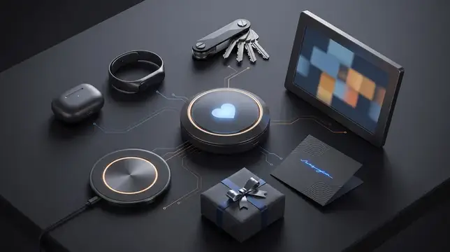 Вид сверху на 3D-композицию из умного концентратора, наушников, трекера, зарядной панели, подарочной коробки и поздравительной открытки для продвижения технологических подарков ко Дню отца