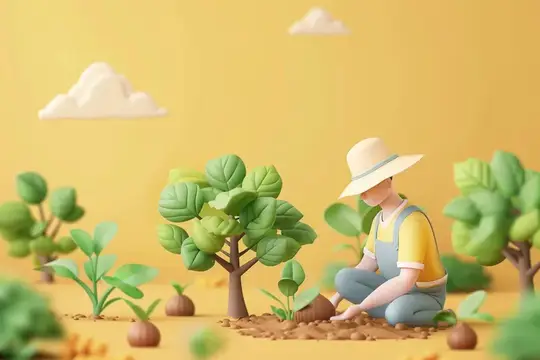 3D-иллюстрация садовника в соломенной шляпе среди зелёных растений