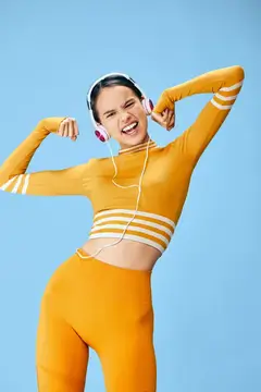 Улыбающаяся девушка в жёлтом спортивном костюме и наушниках