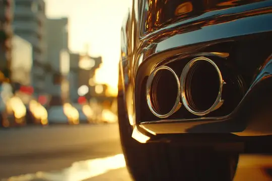 Потрясающий крупный план выхлопных труб роскошного автомобиля на фоне яркого заката, демонстрирующий элегантный дизайн и городской образ жизни