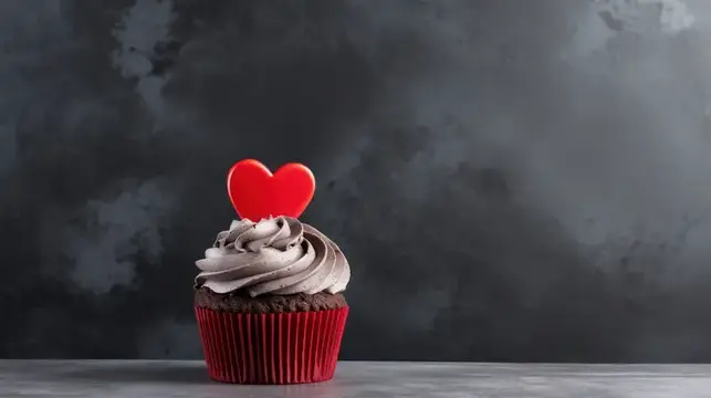 Шоколадный капкейк с красным сердцем на тёмном фоне