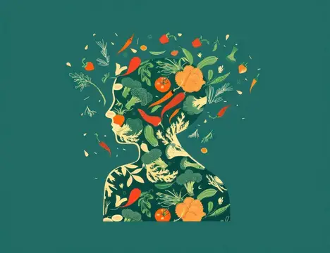 Концепция здорового питания: голова женщины, наполненная овощами и фруктами, на зеленом фоне