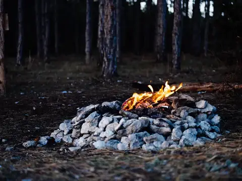 Яркий костёр в каменной окантовке в тёмном лесу