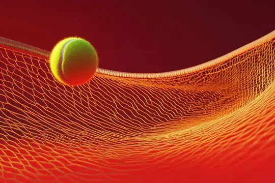 3D-рендер теннисного мяча над сеткой на красном фоне