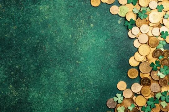 Яркая смесь золотых монет и зеленых клеверов на насыщенном зеленом фоне
