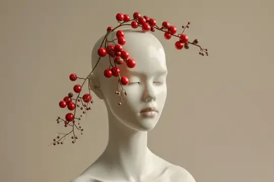 3D-рендер белой скульптурной головы с веткой красных ягод